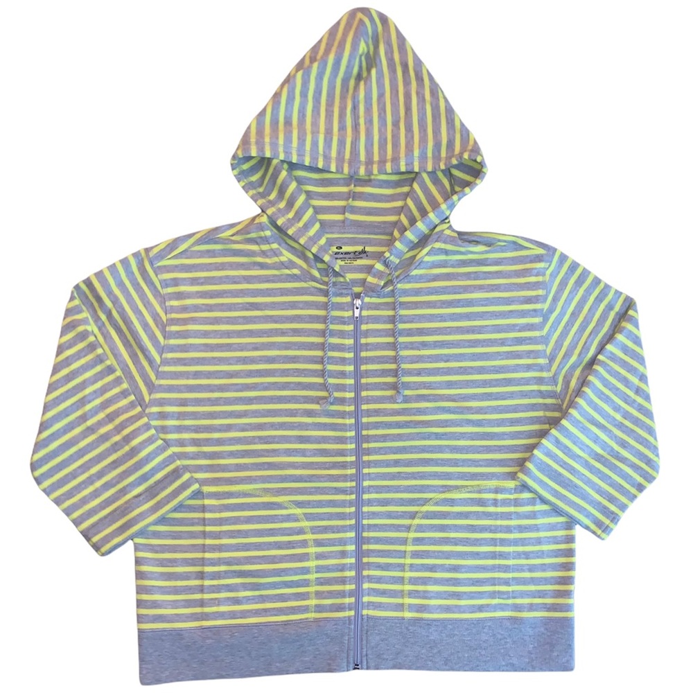 Neon Yellow & Grey Striped 3/4 Sleeve Zip Up Hoodie